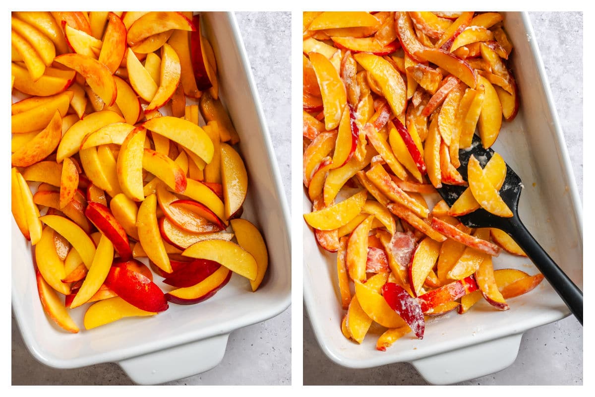 Peaches in a pan next to peaches tossed with flour sugar and lemon juice.