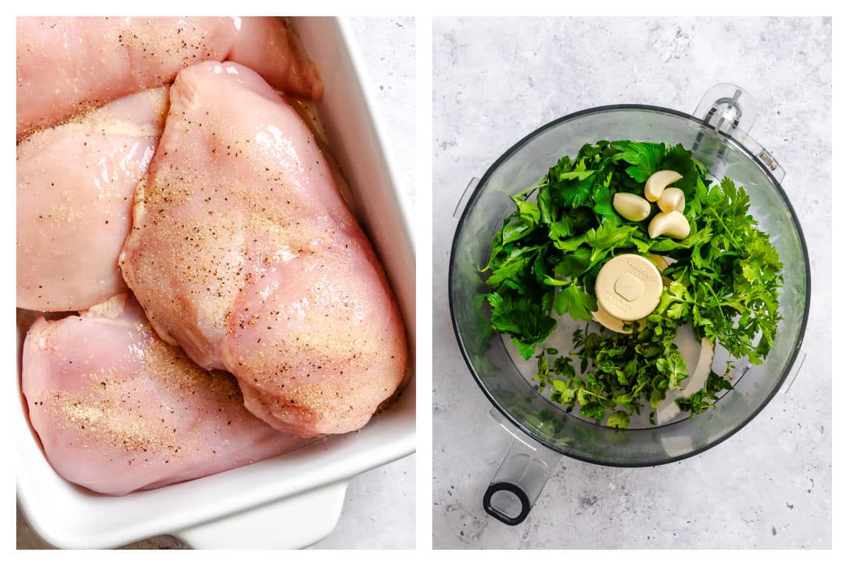 Seasoned chicken breasts next to ingredients for chimichurri in a food processor.