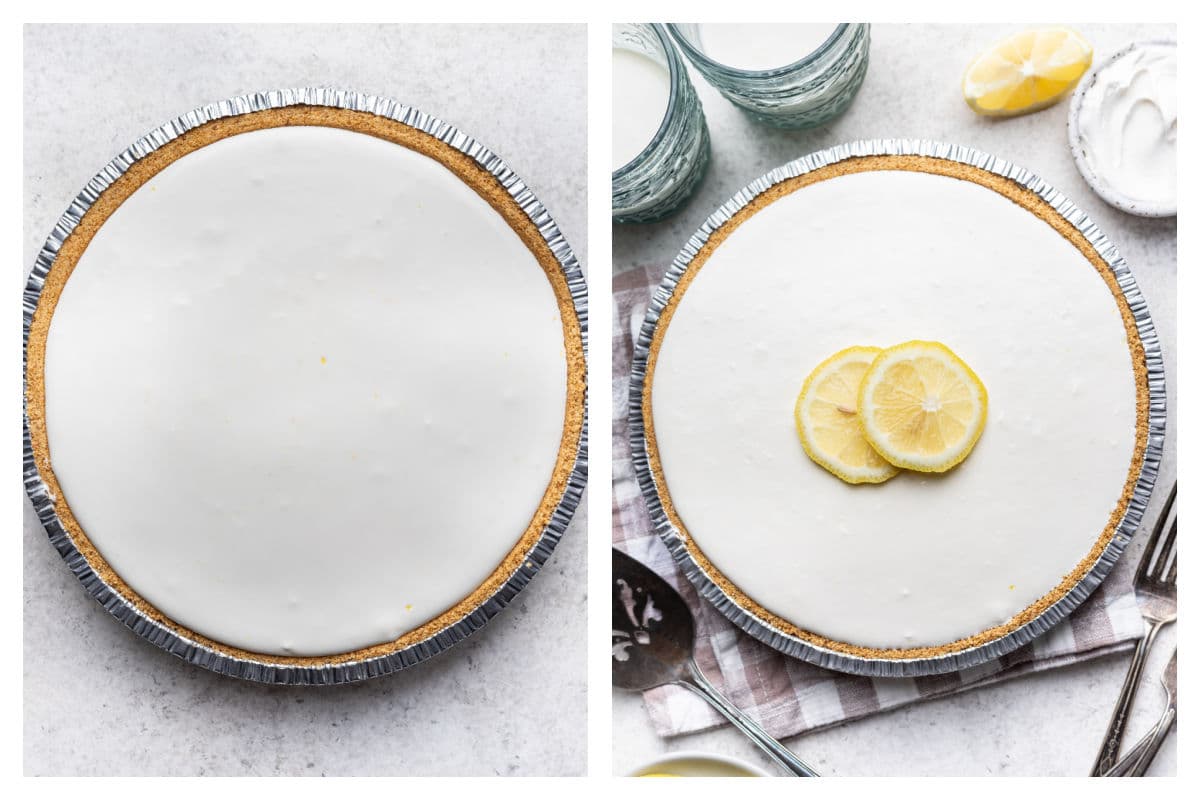 Frozen lemonade pie next to frozen lemonade pie topped with lemon slices. 