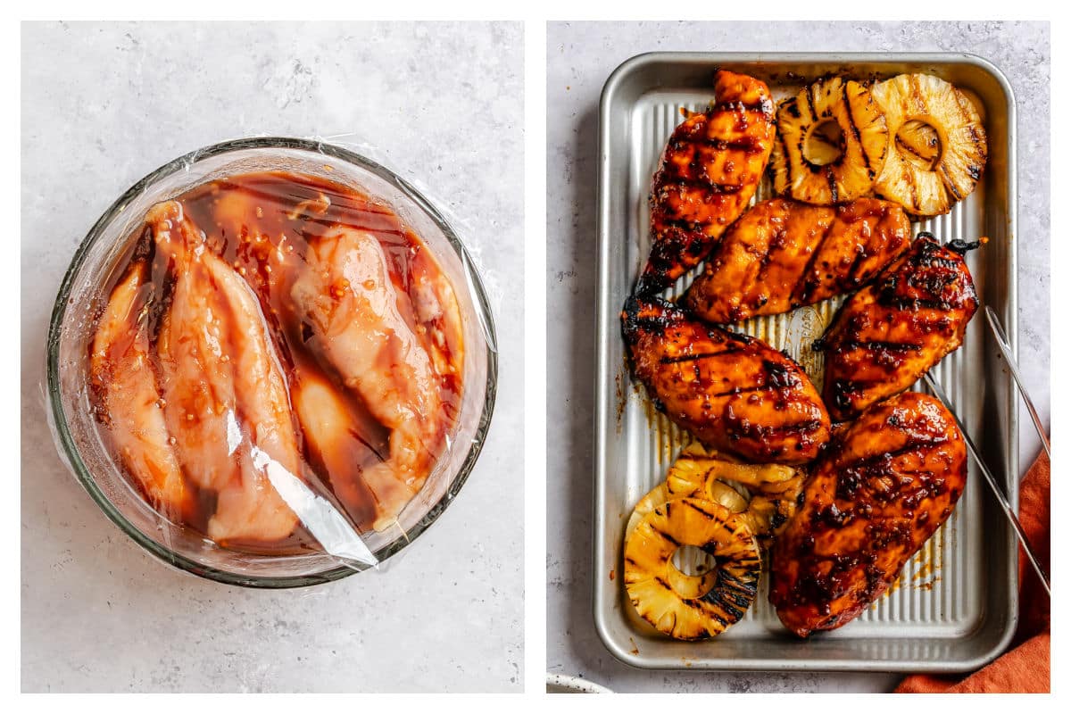 Chicken tossed in huli huli marinade next to grilled chicken and pineapple on a sheet tray.