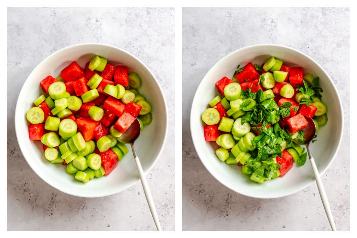 watermelon and cucumber in a mixing bowl next to mint and basil mixed in. 