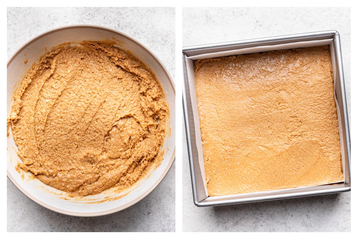 Peanut butter mixture in a mixing bowl next to the mixture in a pan.