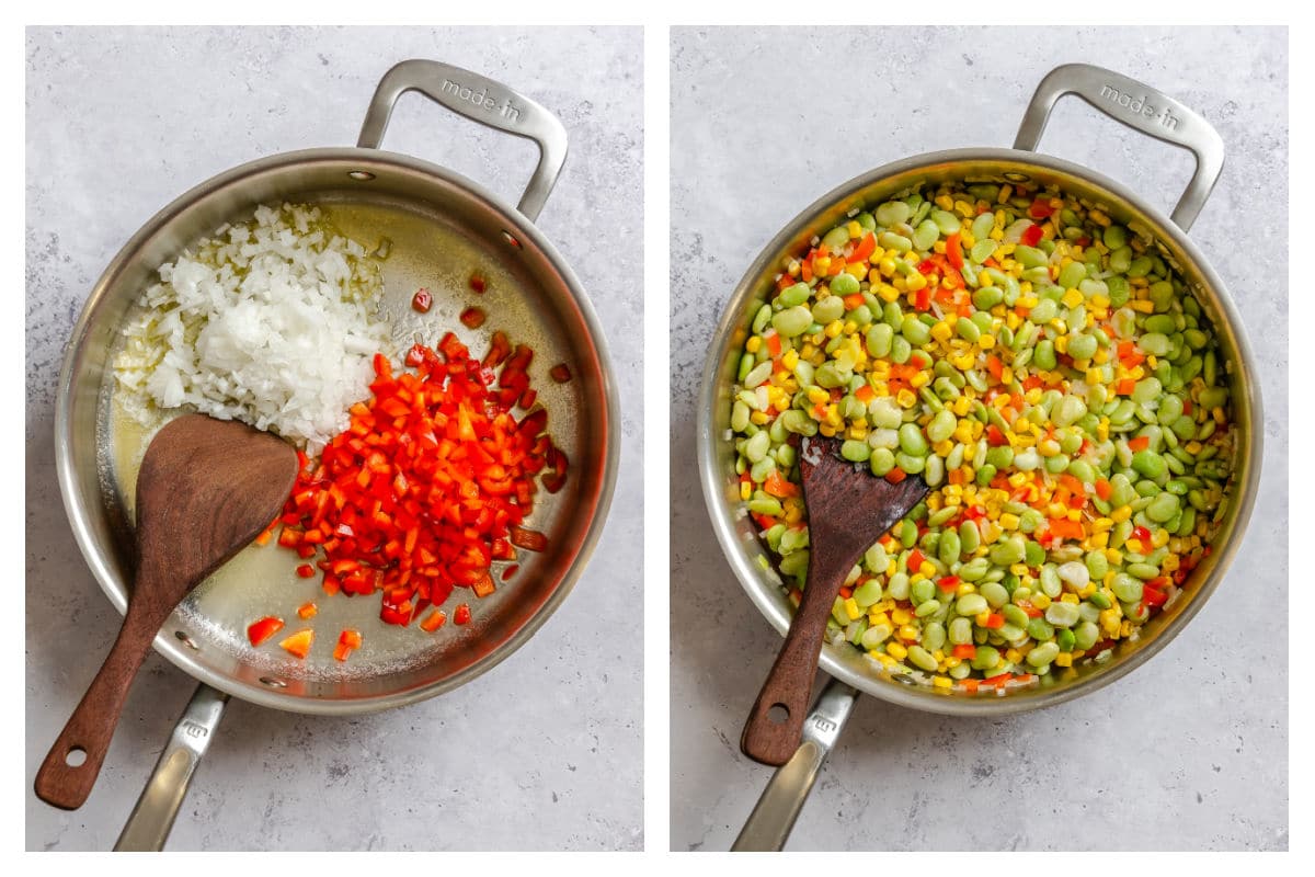 Onion and red bell pepper in a pan next to corn and lima beans in the pan.