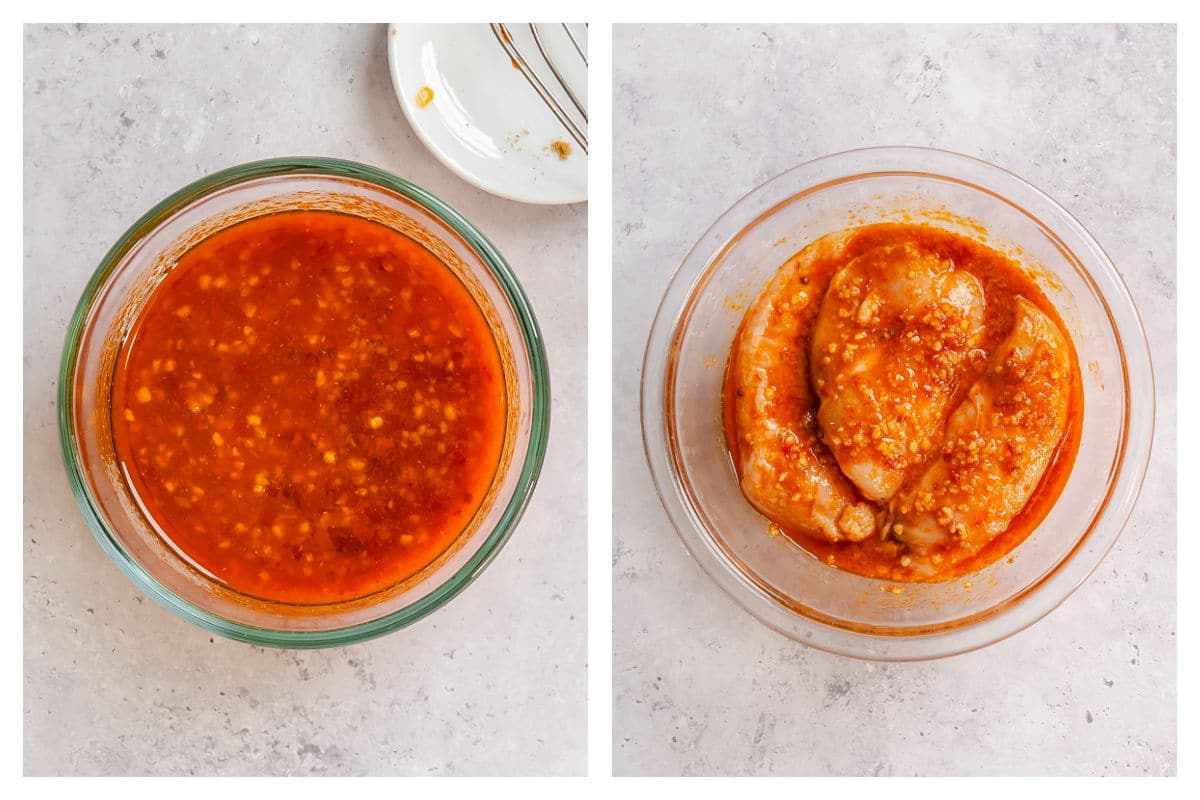 Harissa marinade in a bowl next to chicken coated in harissa marinade.