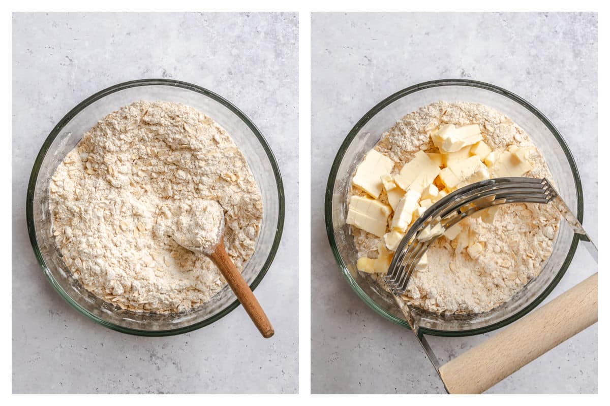 Flour mixture for crisp next to butter cubes on top.