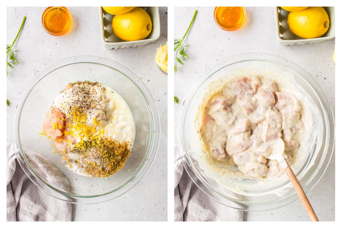 Marinade ingredients in a bowl next to chicken pieces mixed in. 