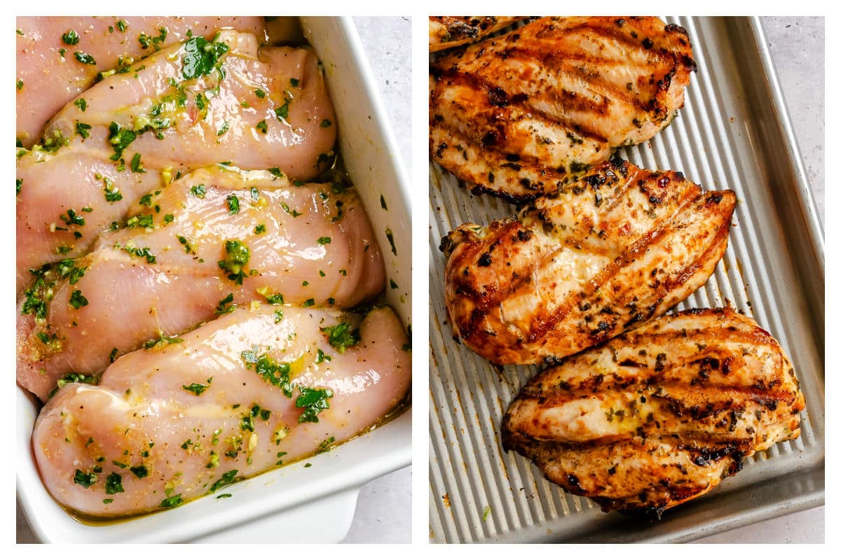 Chicken coated in chimichurri marinade next to grilled chicken on a tray.