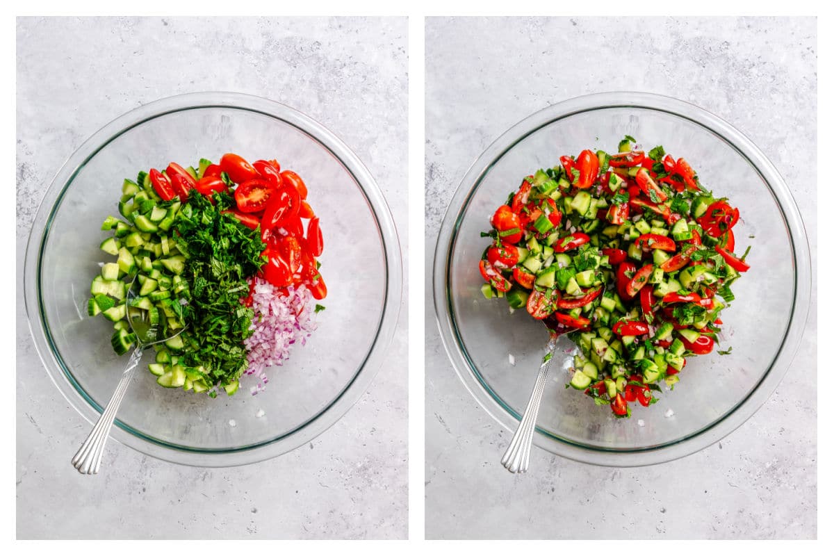 Chopped cucumber, onion, parsley, mint, and tomato in a bowl next to the veggies stirred together.