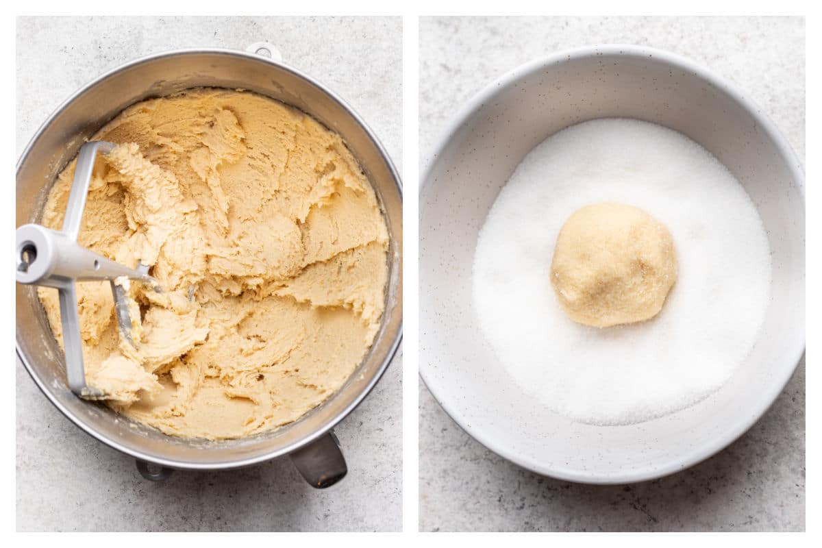 Honey cookie dough in a mixing bowl next to a scoop of the dough in sugar.