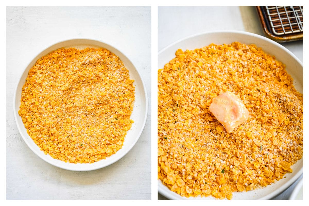 Cornflake coating in a dish next to chicken in the coating.