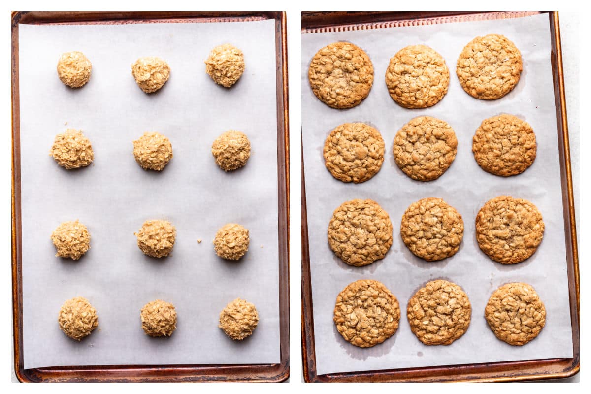 Balls of oatmeal cookie dough on a baking sheet next to the baked cookies on the cookie sheet. 