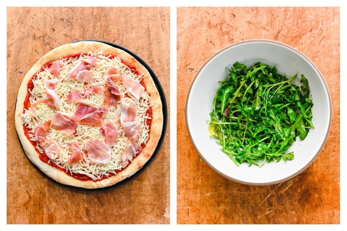 Unbaked prosciutto pizza next to a dish of dressed arugula.