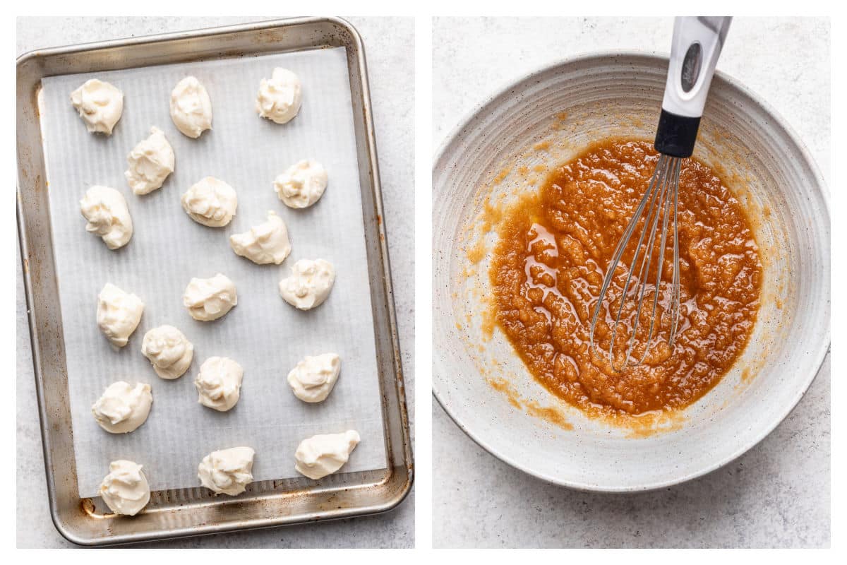 Frozen dollops of cream cheese on a baking sheet next to pumpkin and sugars in a bowl.