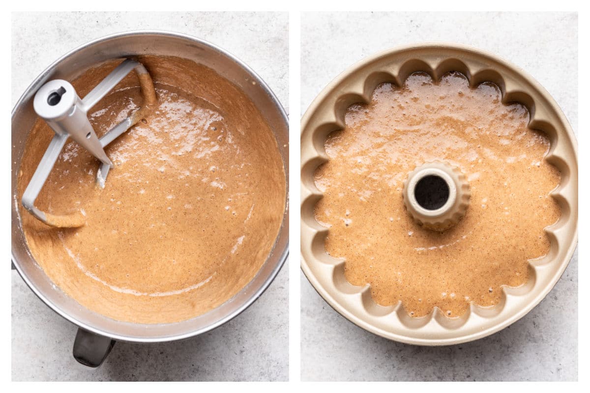 Apple cider cake batter in a mixing bowl next to the batter in a bundt pan.