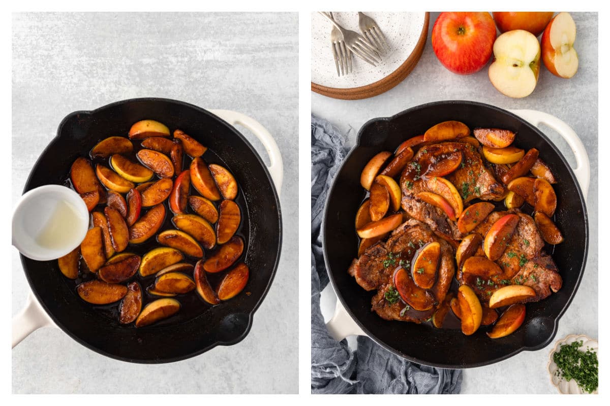 Lemon juice next to a skillet of sauteing apples next to the pork chops added back in.