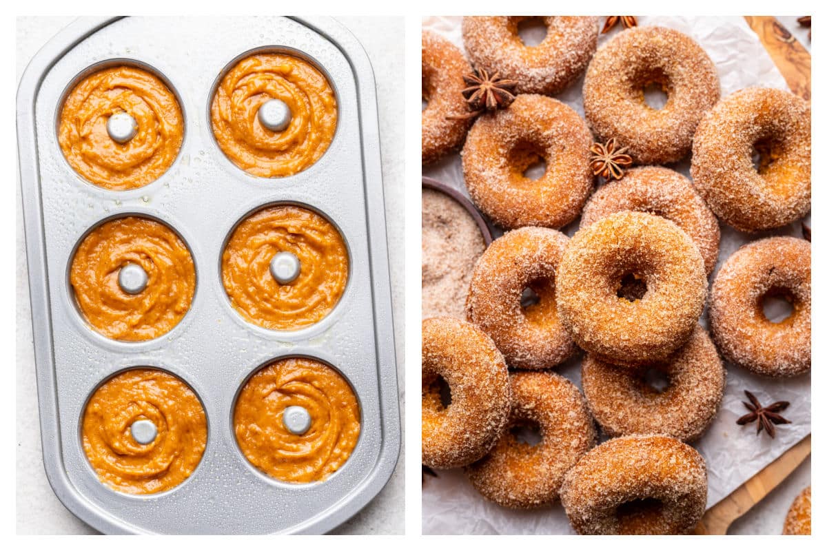 Pumpkin batter in a donut pan next to the baked pumpkin cake donuts.