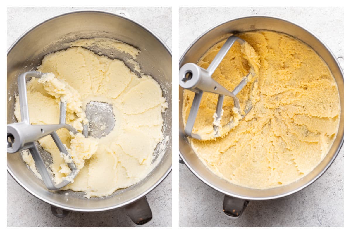 Butter and sugar beaten in a mixing bowl next to honey egg and vanilla mixed in.