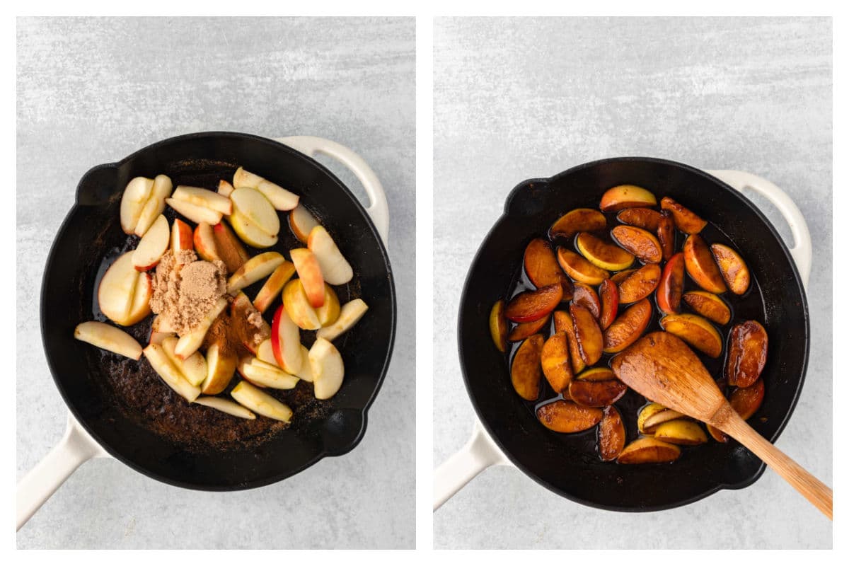 Apples brown sugar and spices in a skillet next to the apples sauteing.