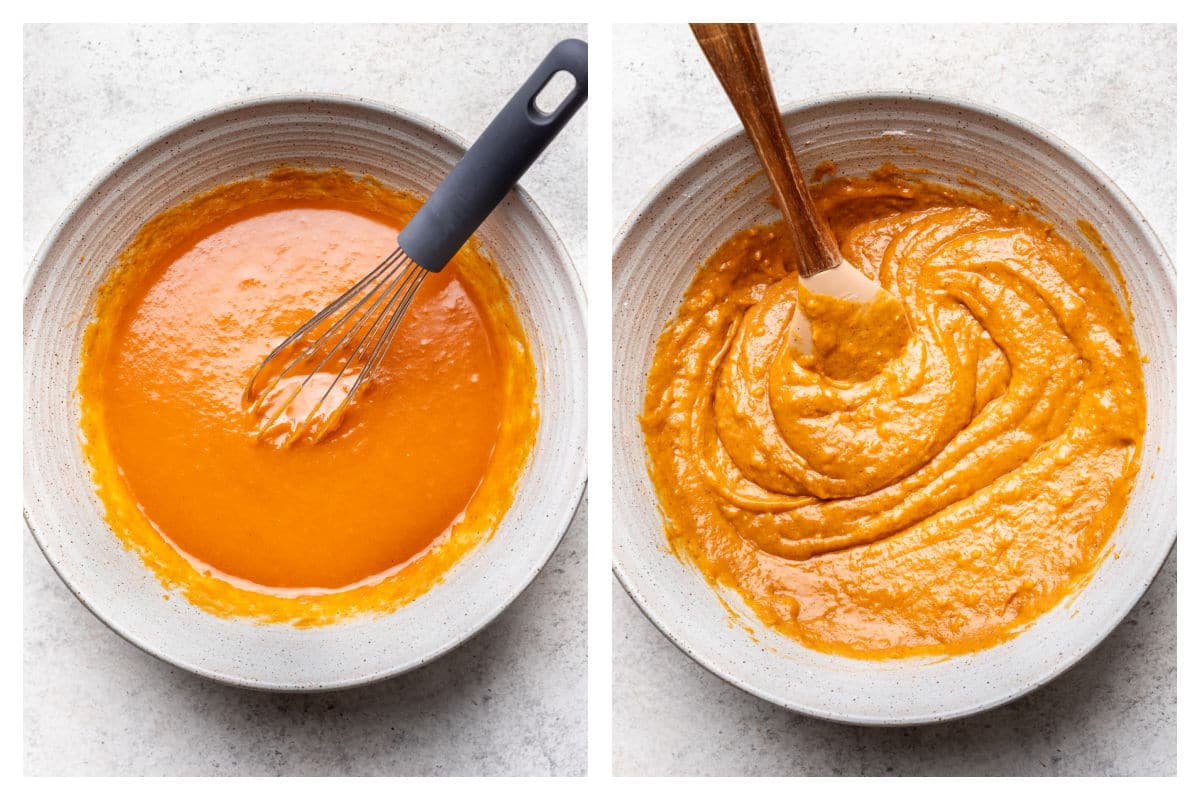Wet ingredients for baked pumpkin donuts next to dry ingredients whisked in.