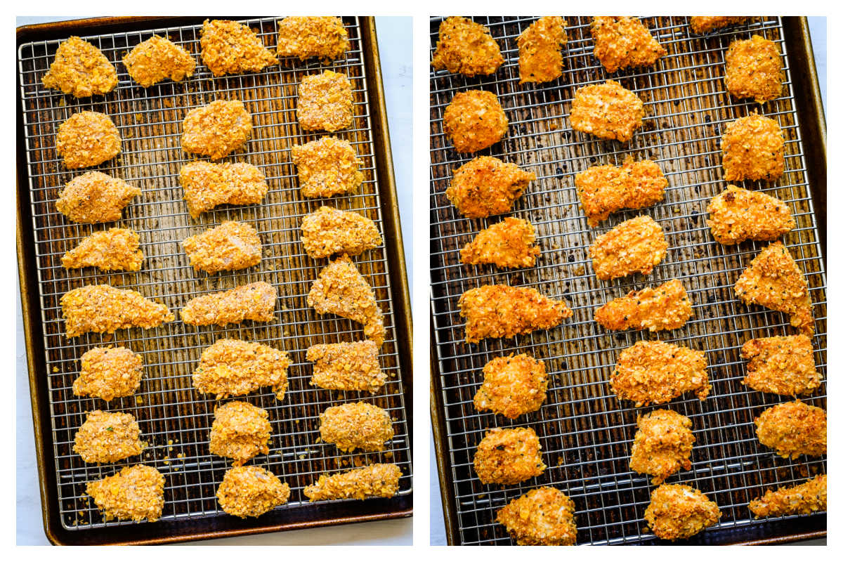 Unbaked chicken nuggets on a pan next to baked nuggets in the pan.