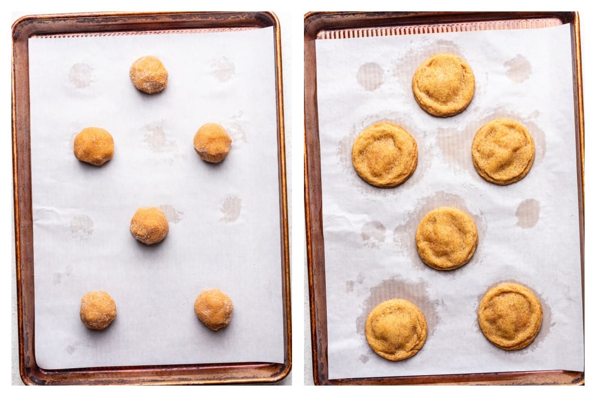 Pumpkin cheesecake cookie dough on a baking sheet next to the baked cookies on a baking sheet.