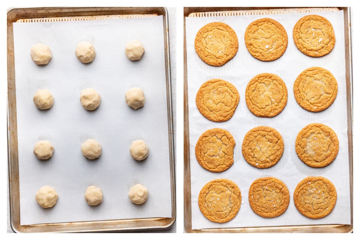 scoops of honey cookie dough on a baking sheet next to baked honey cookies on a baking sheet.