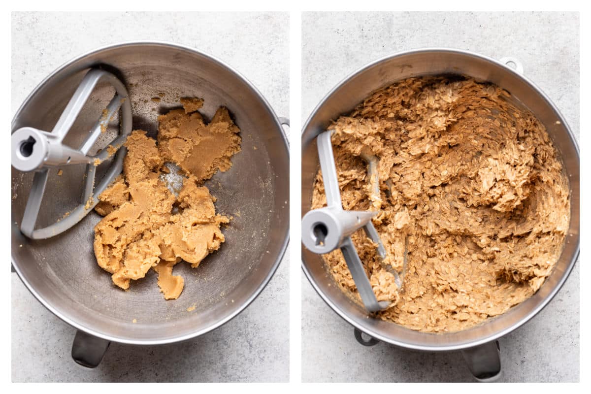 Creamed butter and sugars in a mixing bowl next to remaining ingredients mixed in.