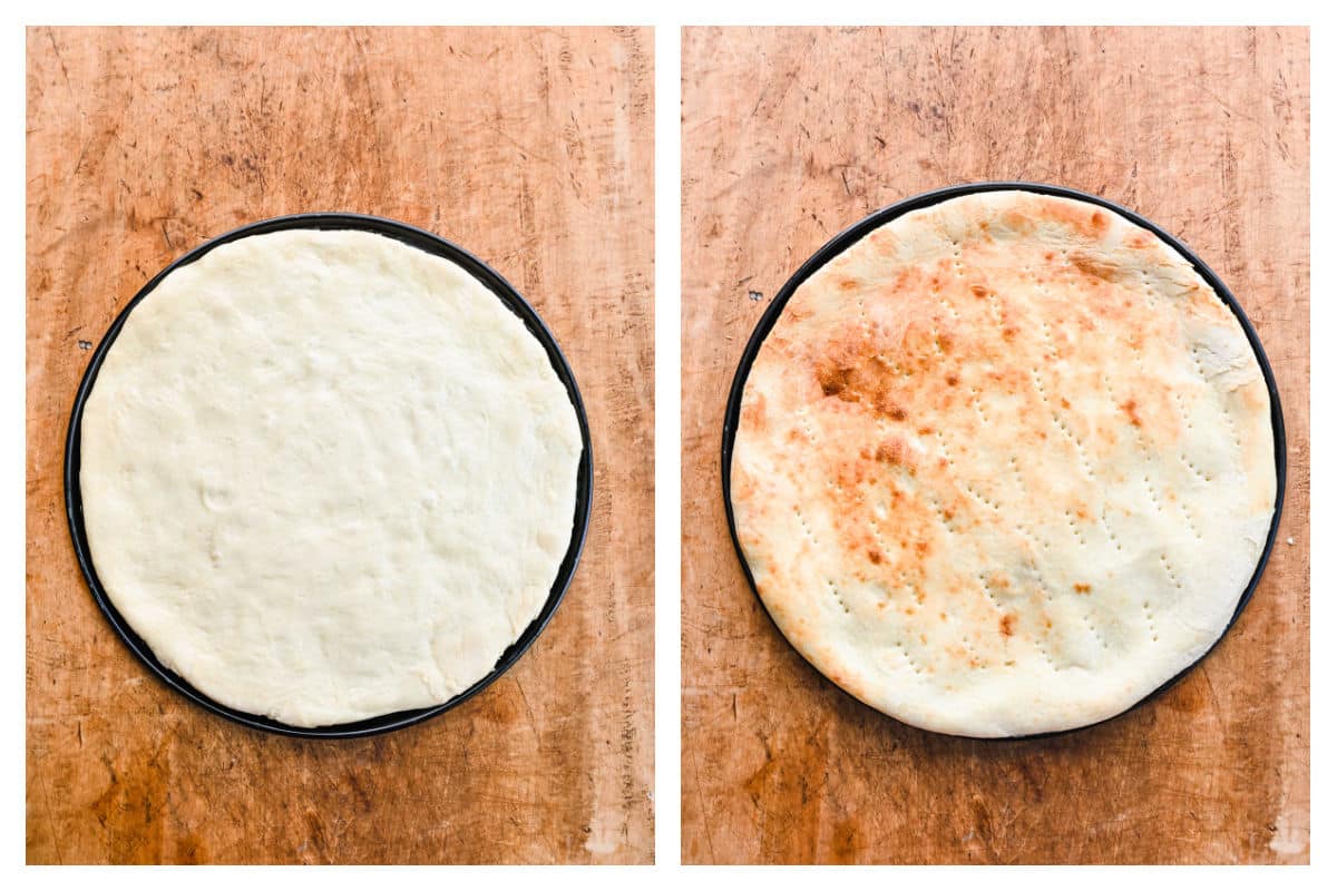 Rolled out pizza dough in a pan next to browned pizza dough in a pan.