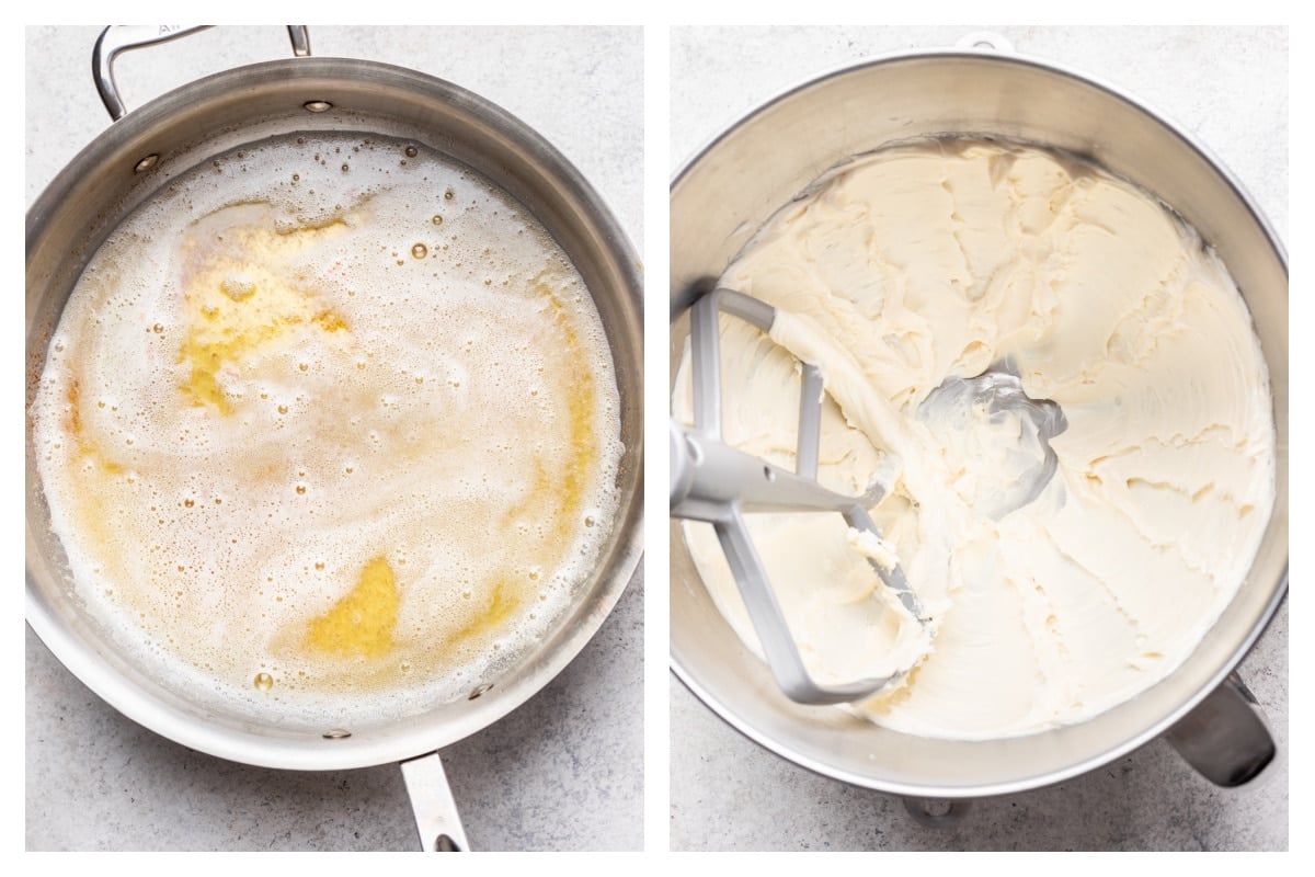 Butter browning in a skillet next to beaten cream cheese.