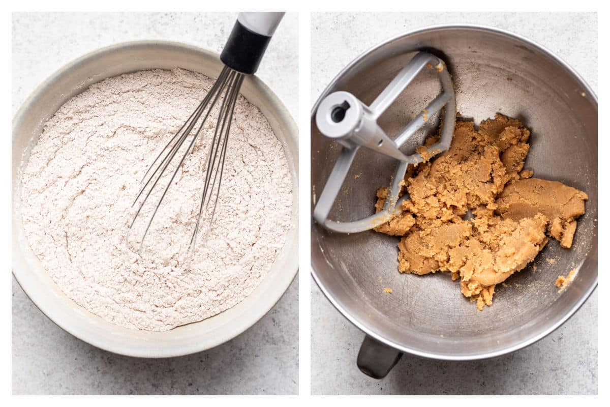 Dry ingredients whisked together in a mixing bowl next to creamed butter and brown sugar.