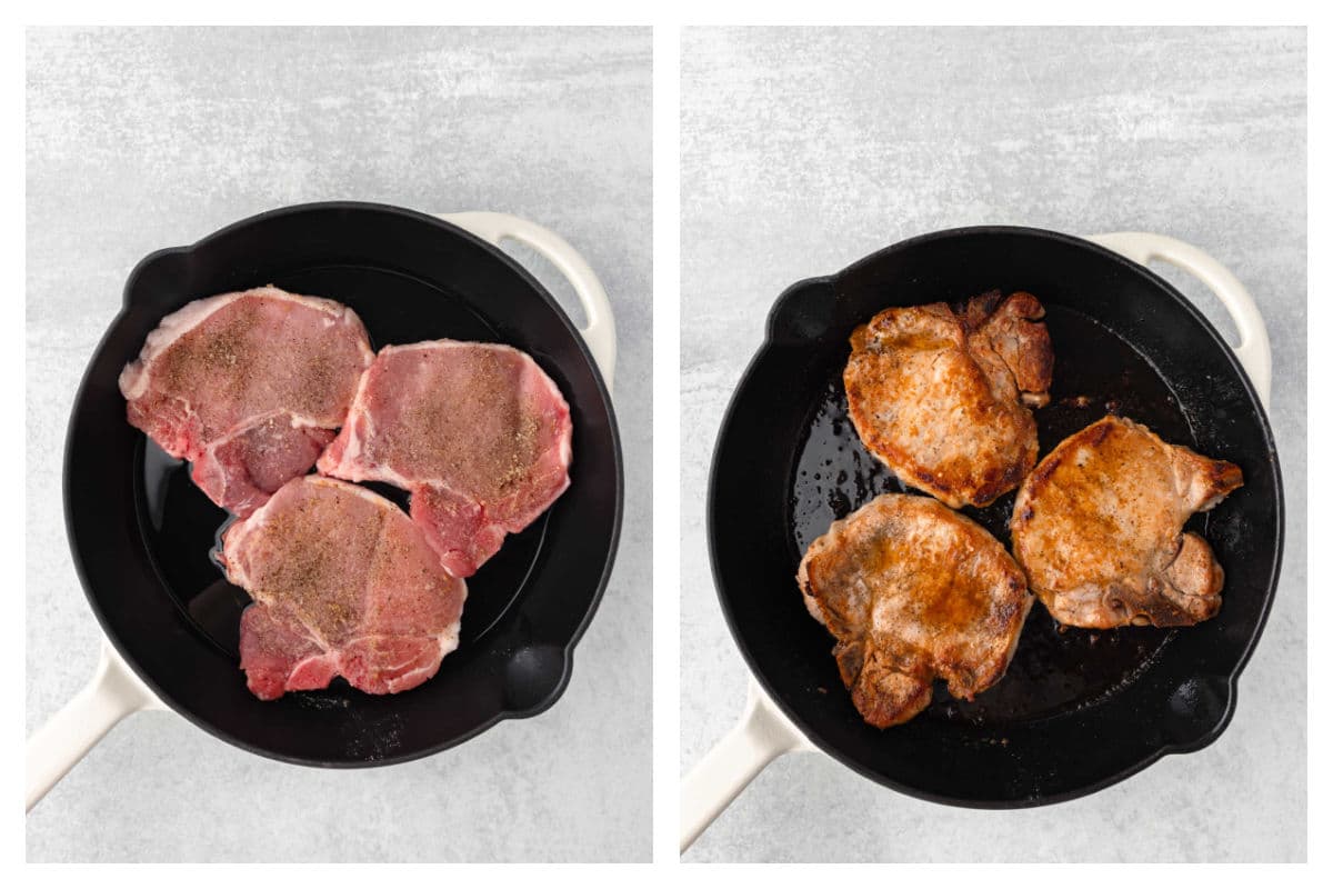 Bone in pork chops browning in a skillet.