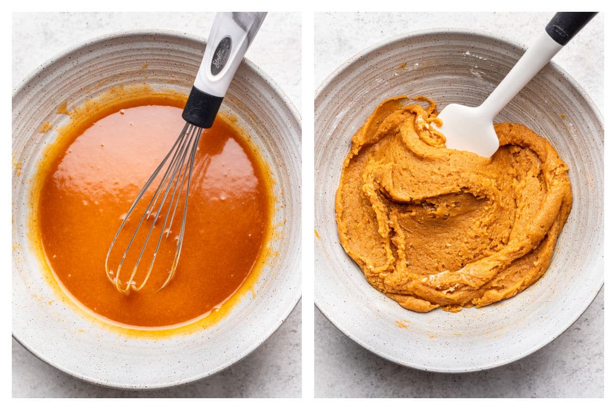 pumpkin cookie bater in a mixing bowl.