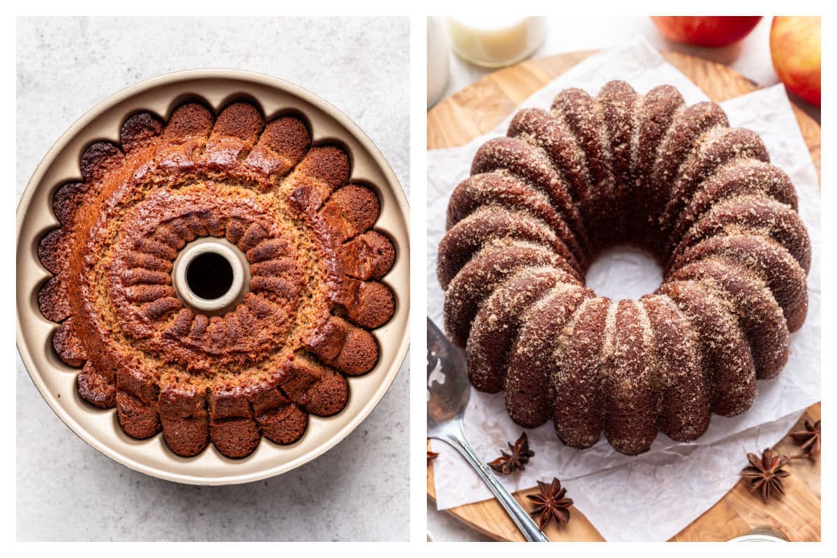 Baked apple cider bundt cake in a pan next to the cake coated with cinnamon sugar.