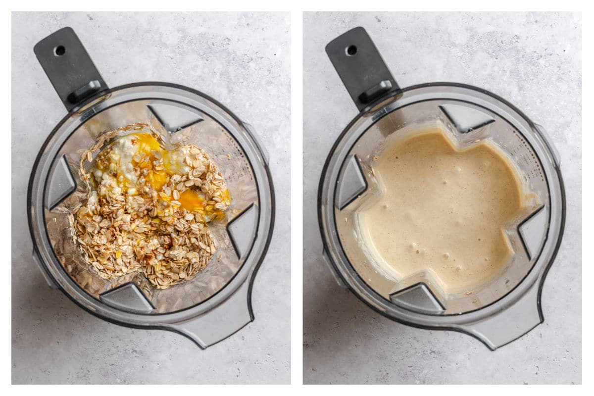 Ingredients for cottage cheese waffles in a blender next to the ingredients blended.