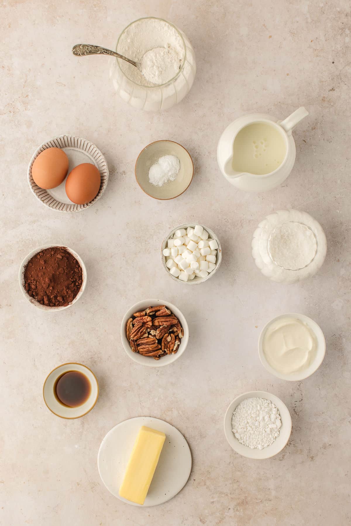 Ingredients for Mississippi mud cake in dishes.