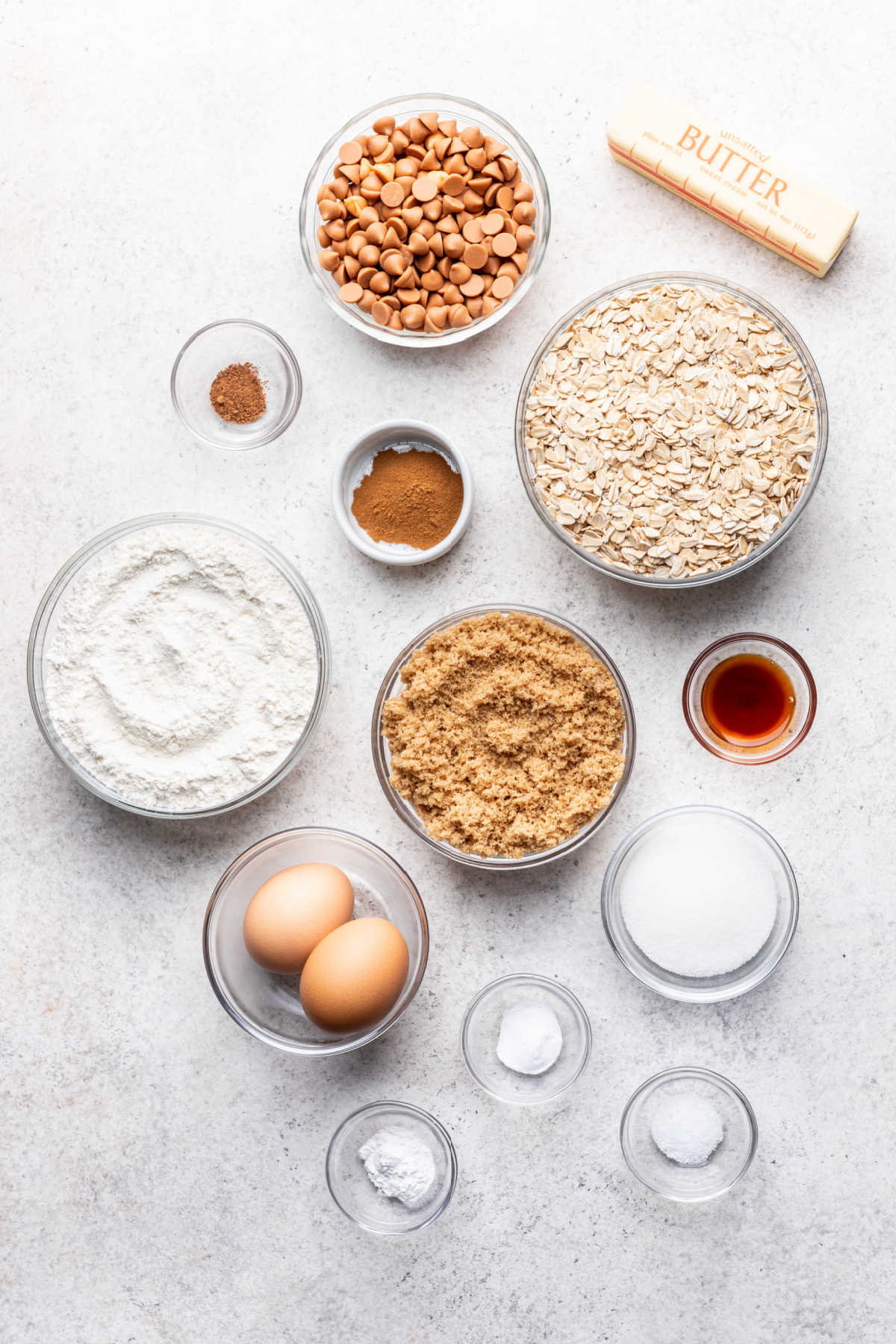 Ingredients for oatmeal scotchies in dishes.