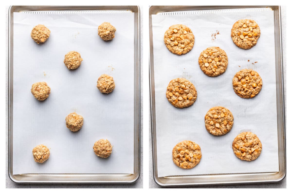 Scoops of oatmeal scotchie cookie dough on a baking sheet next to the baked cookies on the baking sheet.