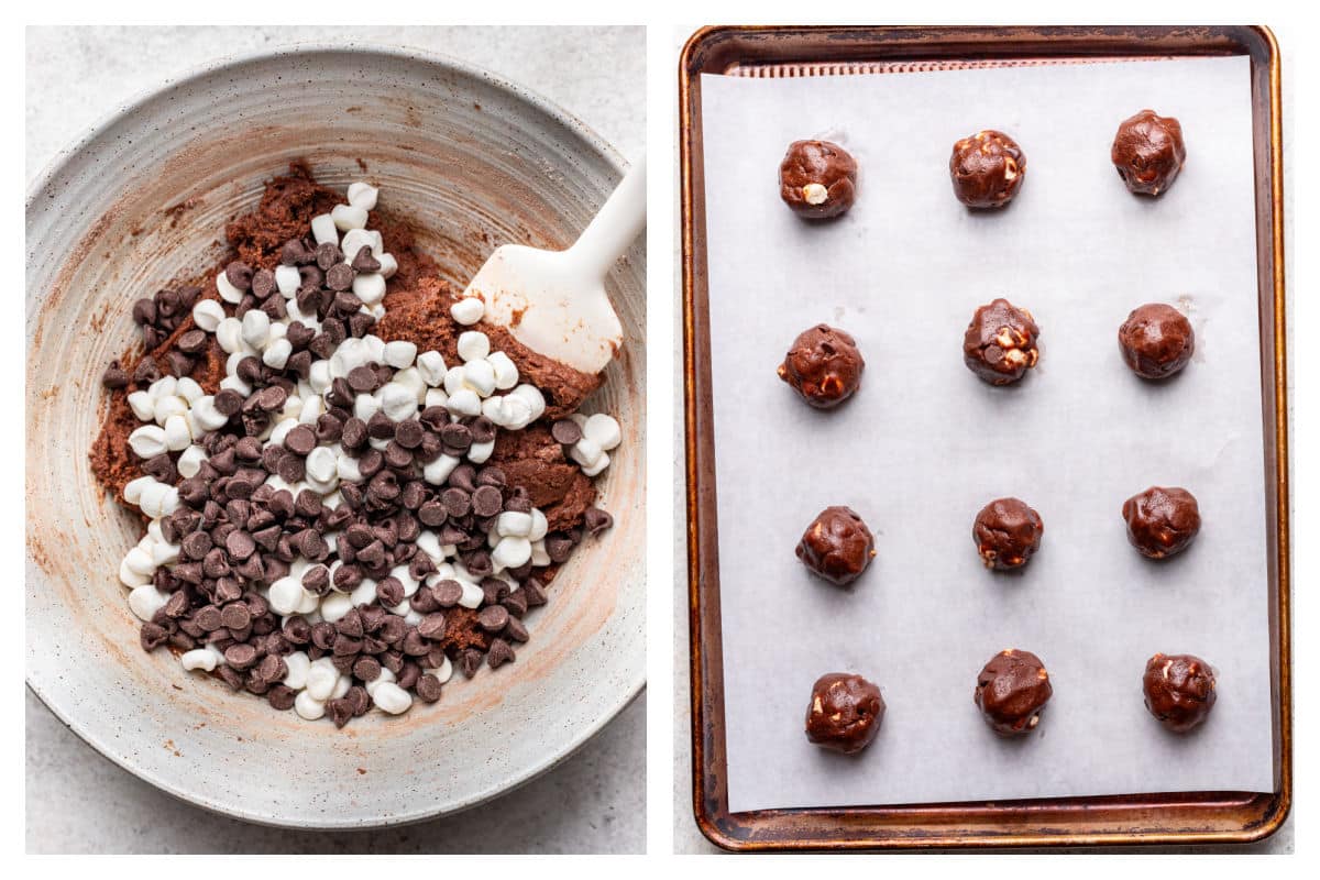 Chocolate chips and marshmallows on top of chocolate cookie dough next to scoops of chocolate marshmallow cookie dough on a baking sheet.