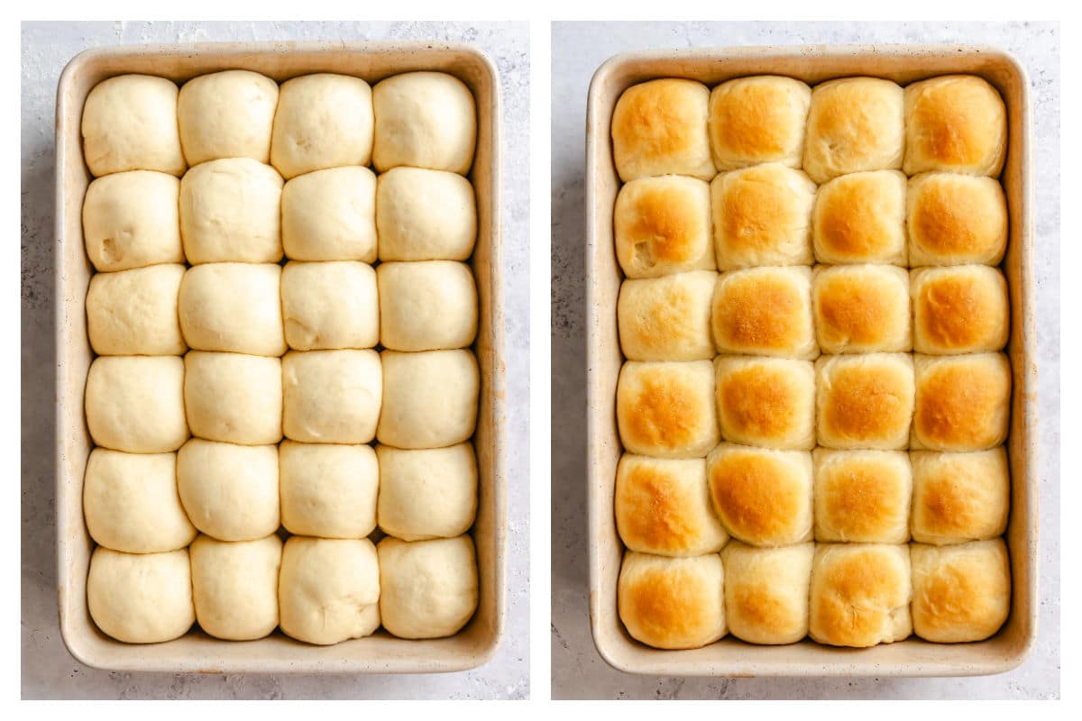 Risen rolls in a baking pan next to baked rolls in a baking pan.