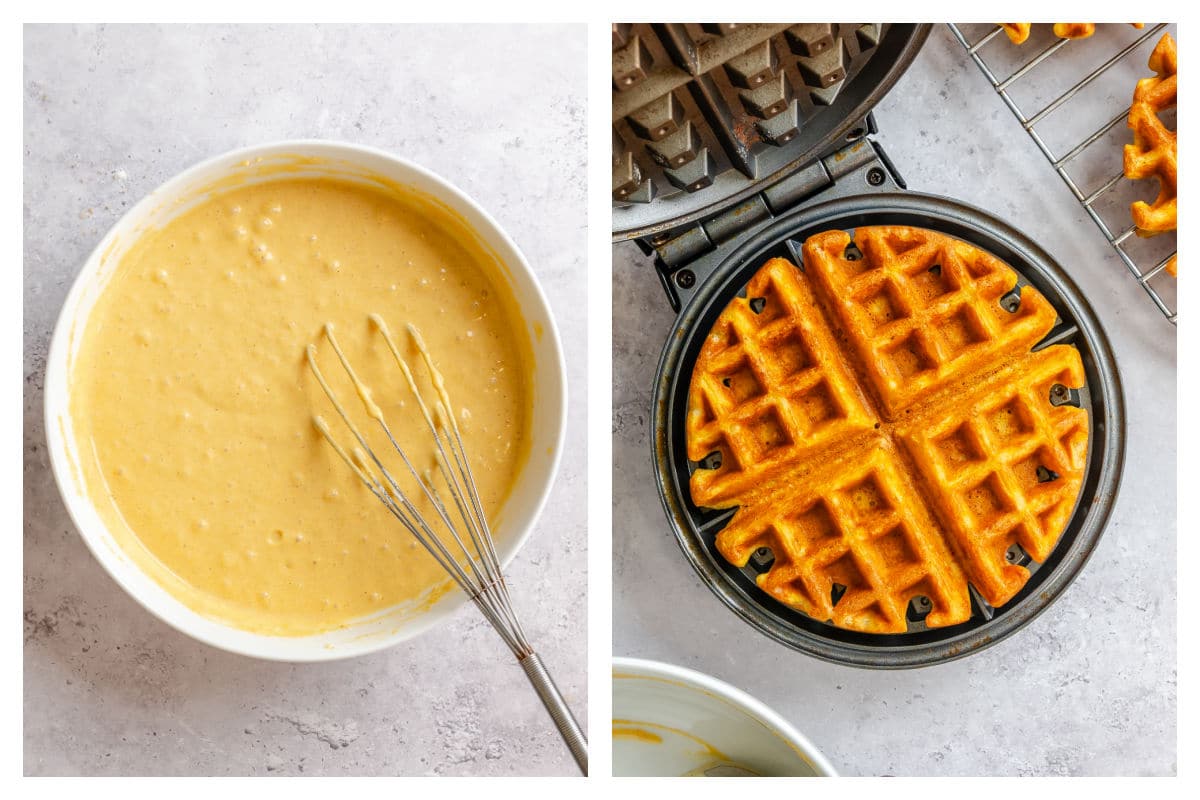 Pumpkin waffle batter in a mixing bowl next to a cooked waffle in a waffle iron.