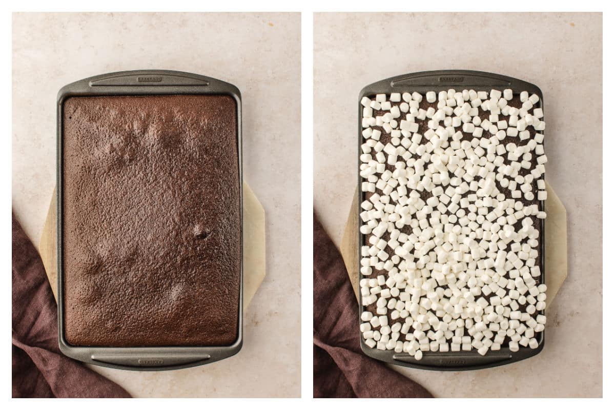 Marshmallows on top of a chocolate sheet cake.