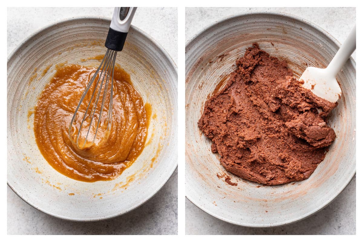 Melted butter and brown sugar in a bowl next to chocolate cookie dough in a bowl.