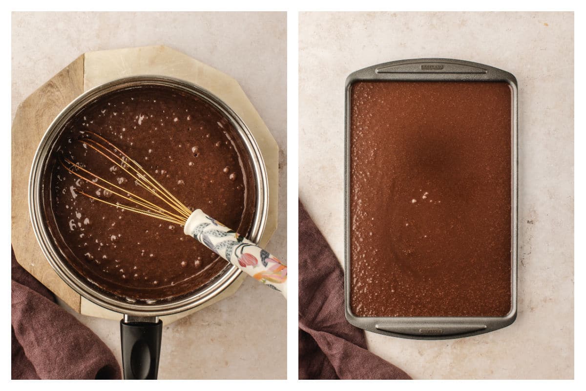 Mississippi mud cake batter in a saucepan next to the batter in a sheet pan.