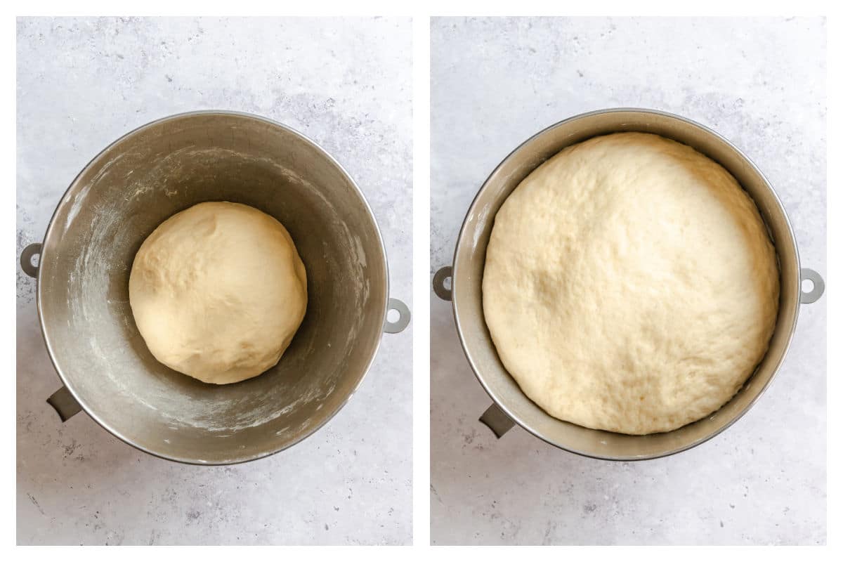 Dough rising in a mixing bowl next to risen dough in a mixing bowl.