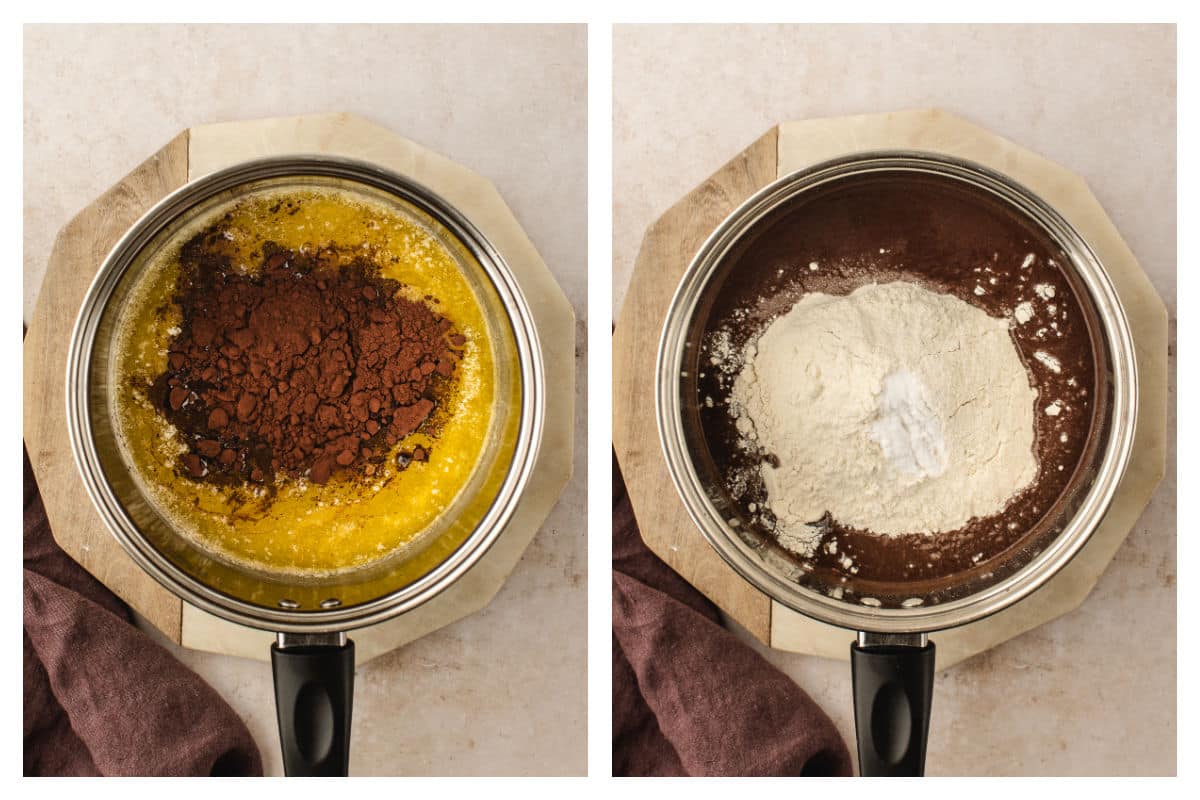 Melted butter with cocoa powder on top of it next to flour on top of chocolate mixture.