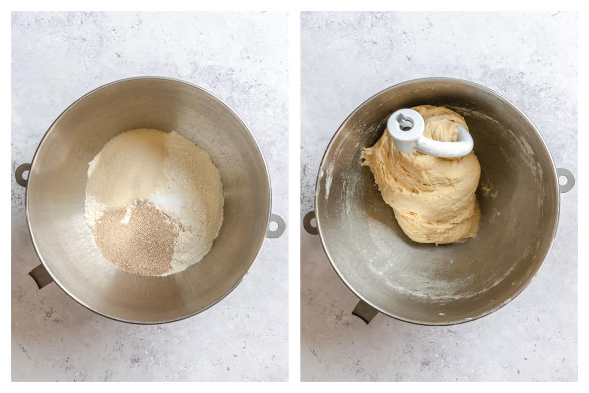 Yeast and dry ingredients in a mixing bowl next to mixed roll dough in a mixing bowl.