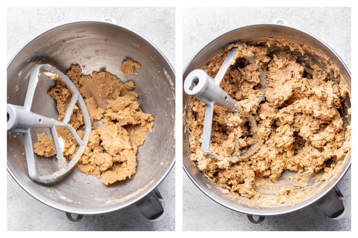 Creamed butter and sugar in a mixing bowl next to oatmeal scotchie dough in a mixing bowl.