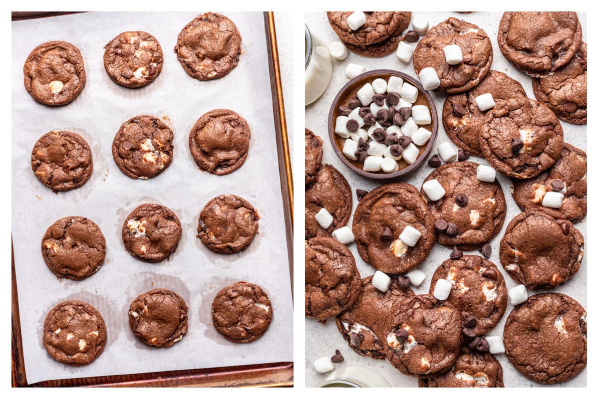 Baked chocolate marshmallow cookies on a baking sheet next to overlapping chocolate marshmallow cookies.