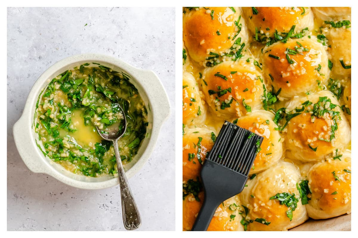 Garlic butter in a small bowl next to baster brushing garlic butter onto baked rolls.