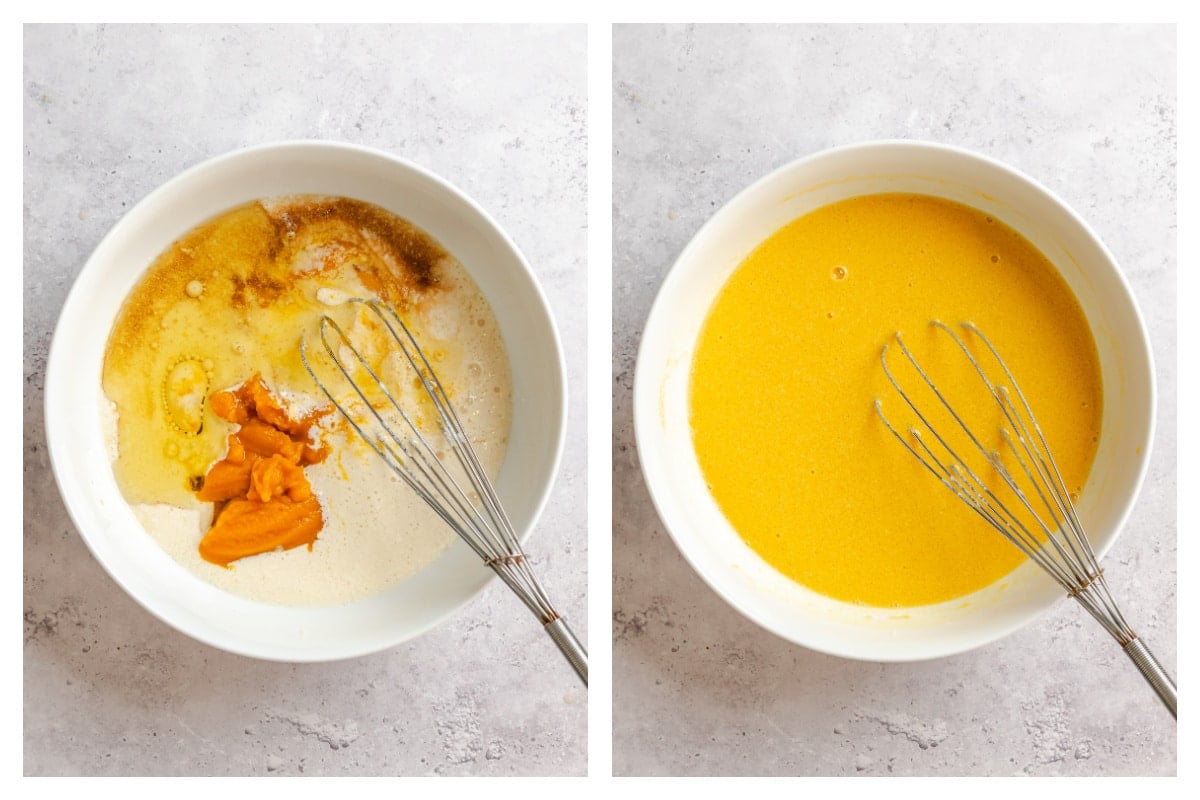 Wet ingredients for pumpkin waffles in a mixing bowl.